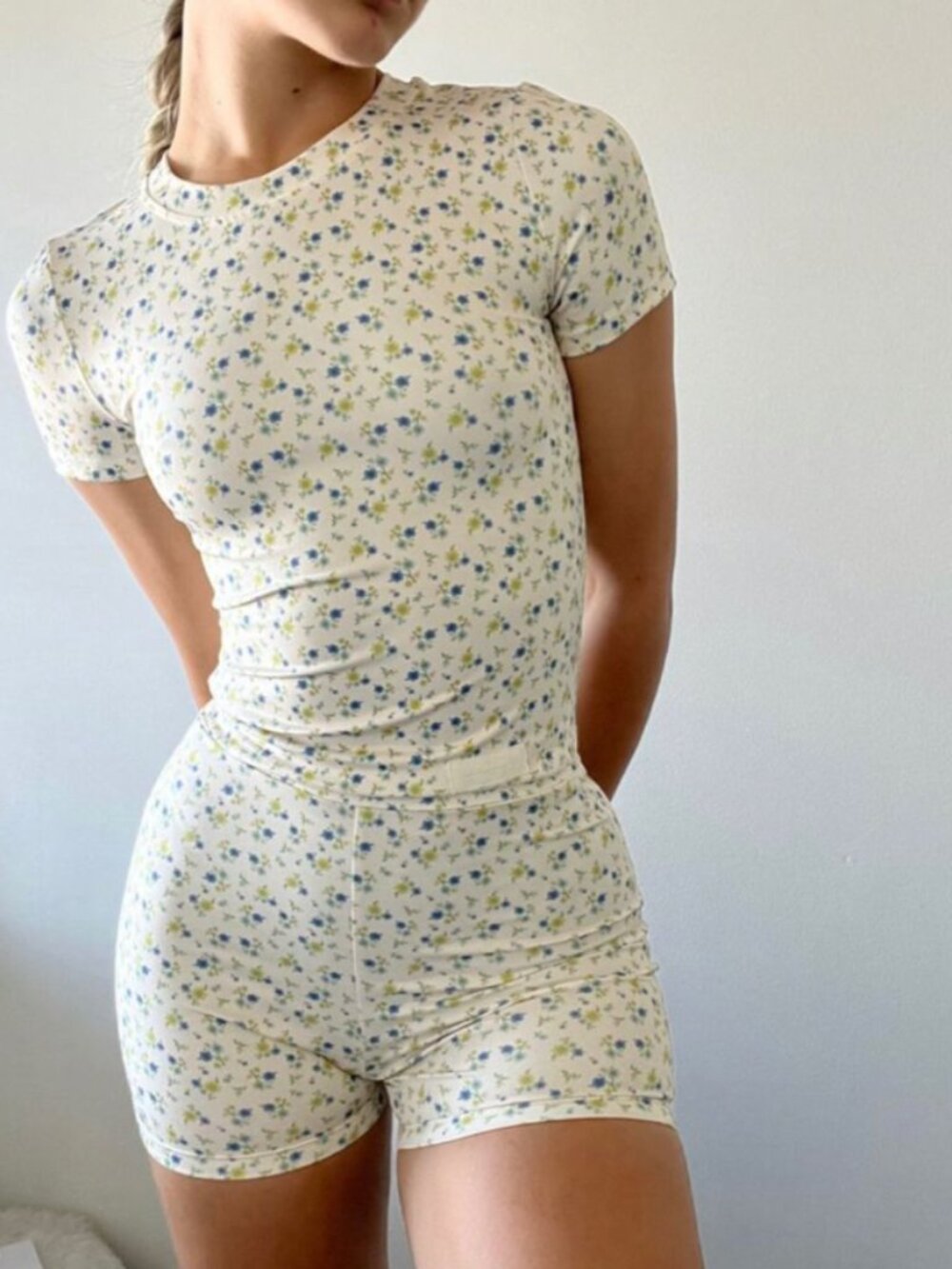 MyMumMadeIt Cream Floral Shorts and Top Set with Blue and Yellow Blooms - XS/S